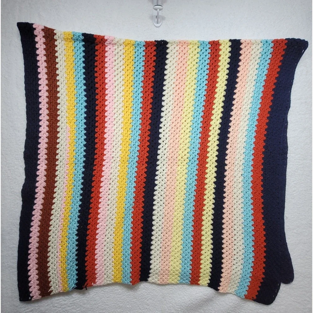 Handmade Crochet Striped Afghan Throw  Retro Rainbow Colors Blanket 38